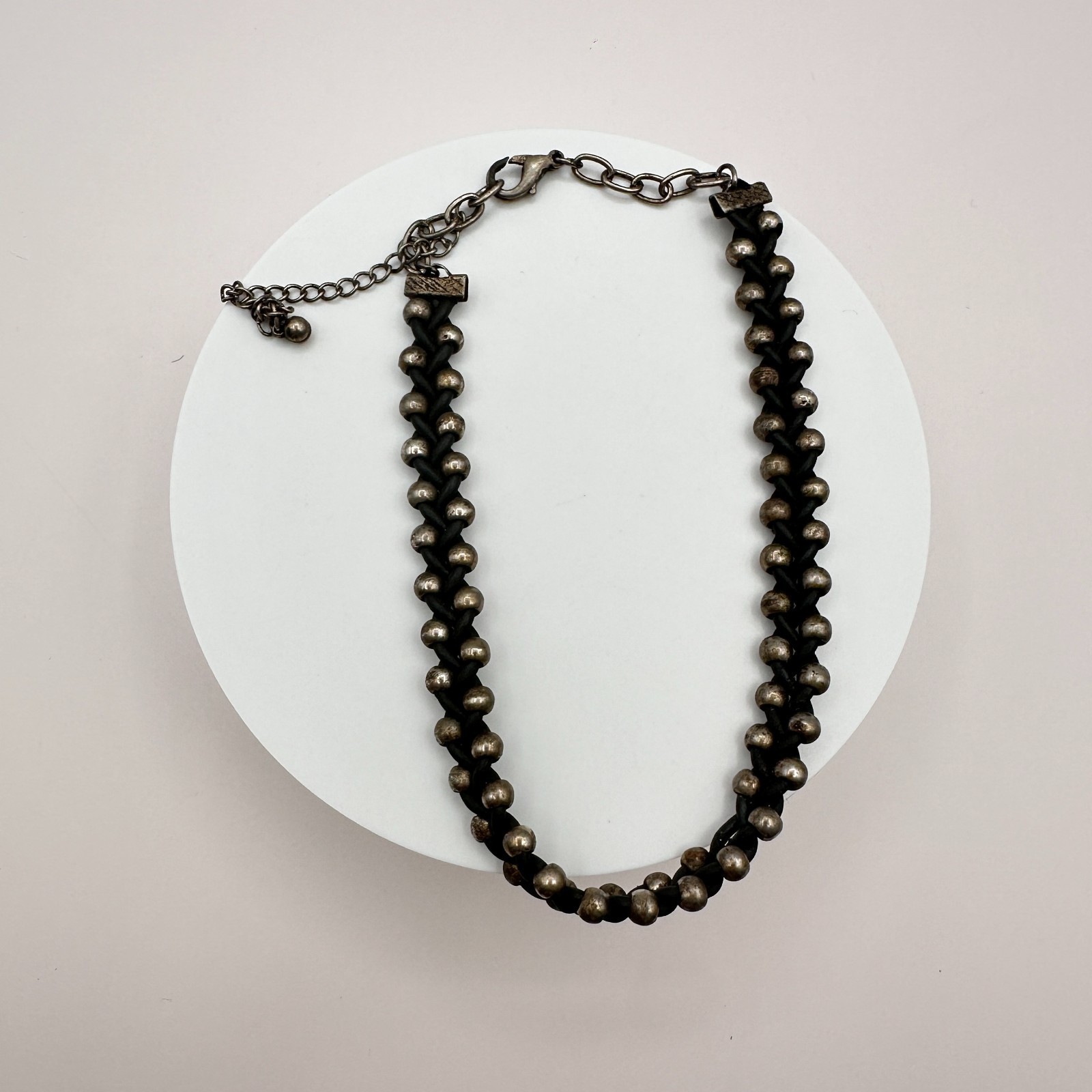 Vintage 80s 90s Black Braided Leather Choker Necklace Silver Tone Beads Boho