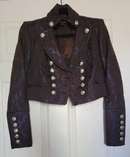 Vtg BEBE Brocade Jaccard Blue Brown Bolero Military Band Blazer Crop Jacket Smal