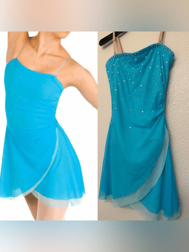 Aqua blue rhinestone custom mesh lyrical Dance costume dress Leotard SA adult