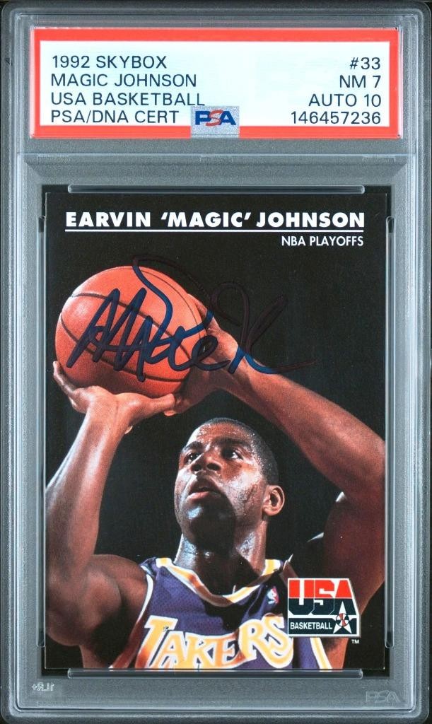 1992 SkyBox USA Dream Team Magic Johnson #33 Auto - PSA / DNA - NM 7, Auto 10