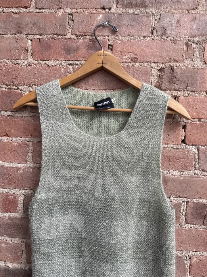 Vintage Giorgio Armani Women’s Tank Sweater, Sz 44, Sage Stripe Intarsia Italy - Image 2 of 4