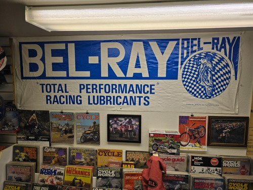 70's VTG BEL-RAY MOTORCYCLE RACING LUBRICANTS DEALER VINYL BANNER SIGN  MX AHRMA