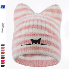Fluffy Cat Beanie Hat with Ears - Pink & White