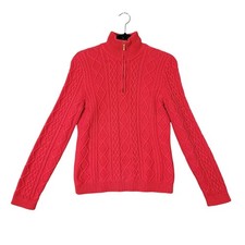 LAUREN RALPH LAUREN Red Cable Knit Cotton Chunky 1/4 Zip Sweater SIZE MEDIUM