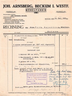 Möbelfabrik J. Arnsberg - Beckum - 1930 - Historische Rechnung ~21x29cm