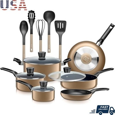 15pc Nonstick Cookware Set W/ Glass Lids & Ergonomic Handles Kitchen Essentials
