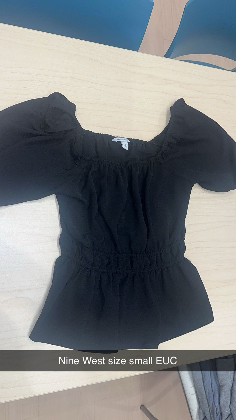 Nine West Black Puff Sleeve Elastic Peplum Waist Blouse Pullover Small