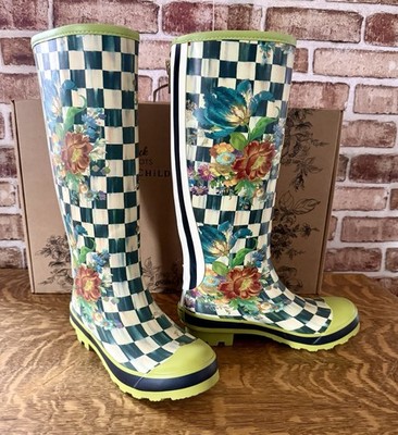 MacKenzie-Childs Courtly Check Waterproof Rain Boot Green Floral US 7 EU 38
