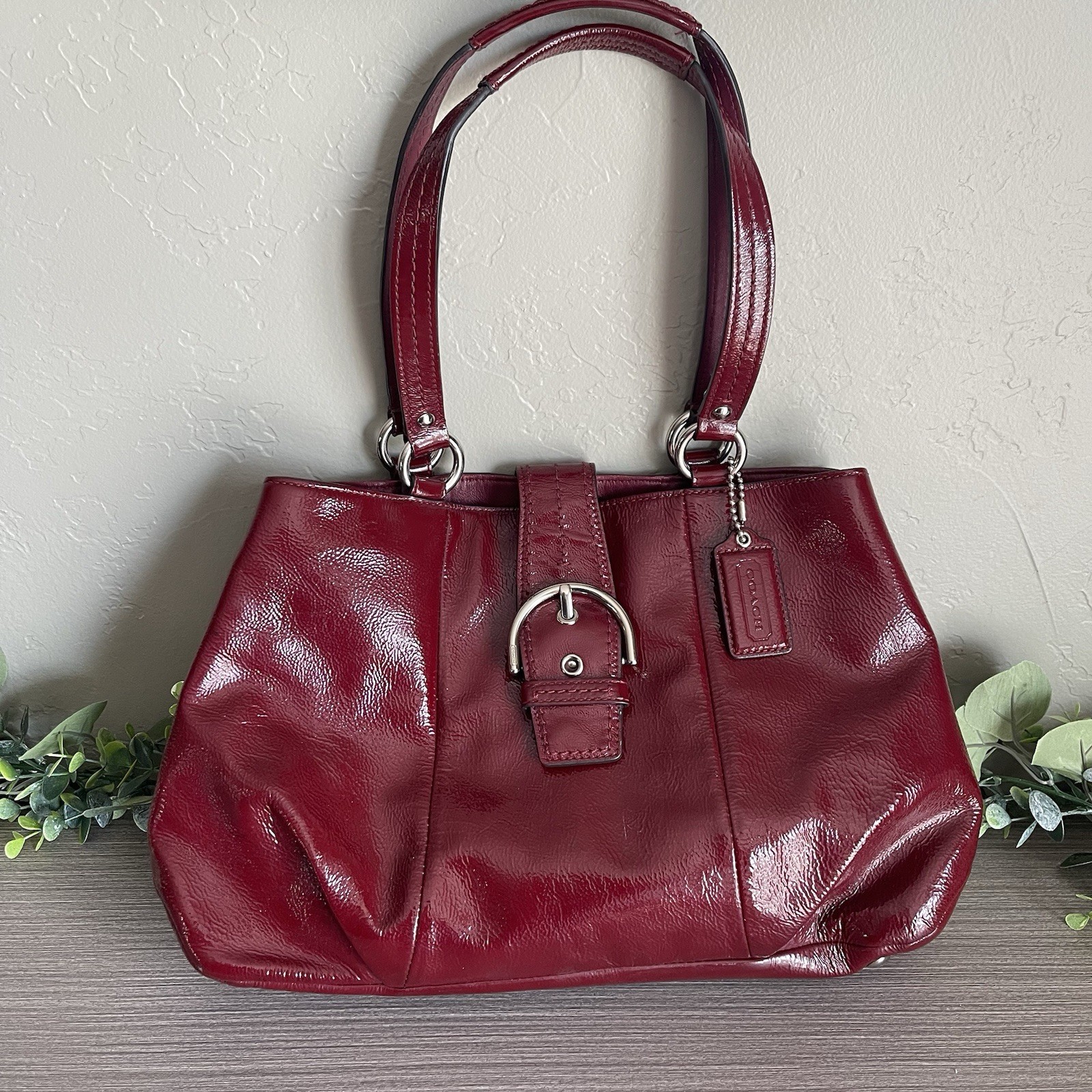 Coach SoHo Patent Leather Burgundy Purse Bag F19711 Buckle