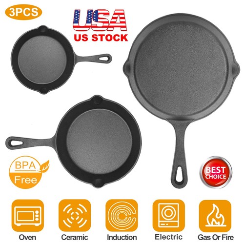 6" 8" 10" Seasoned Cast Iron Skillet 3 Piece Set Frying Pan Cooking Pan Cookware - Picture 2 of 21