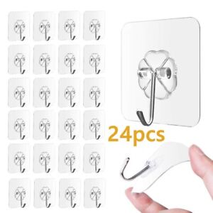 24 pack Adhesive Wall Hooks Hangers 22lb Transparent Reusable Heavy Duty Max 