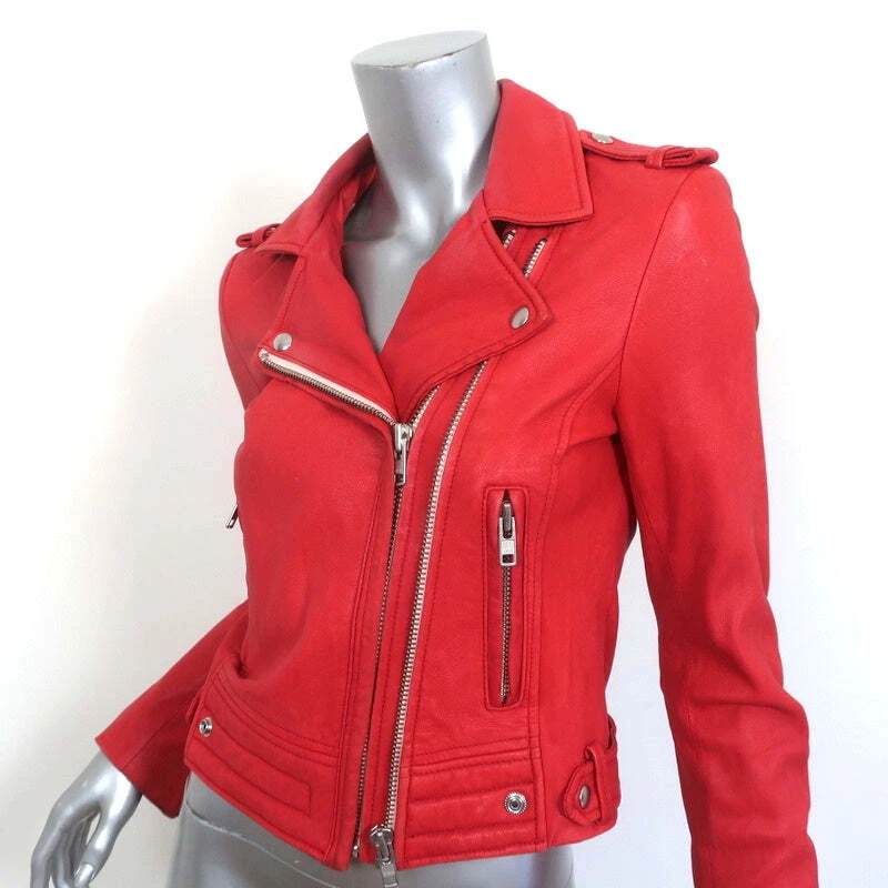 IRO Luiga Leather Biker Jacket Red Size 40 Cropped Moto Jacket - Image 4 of 4
