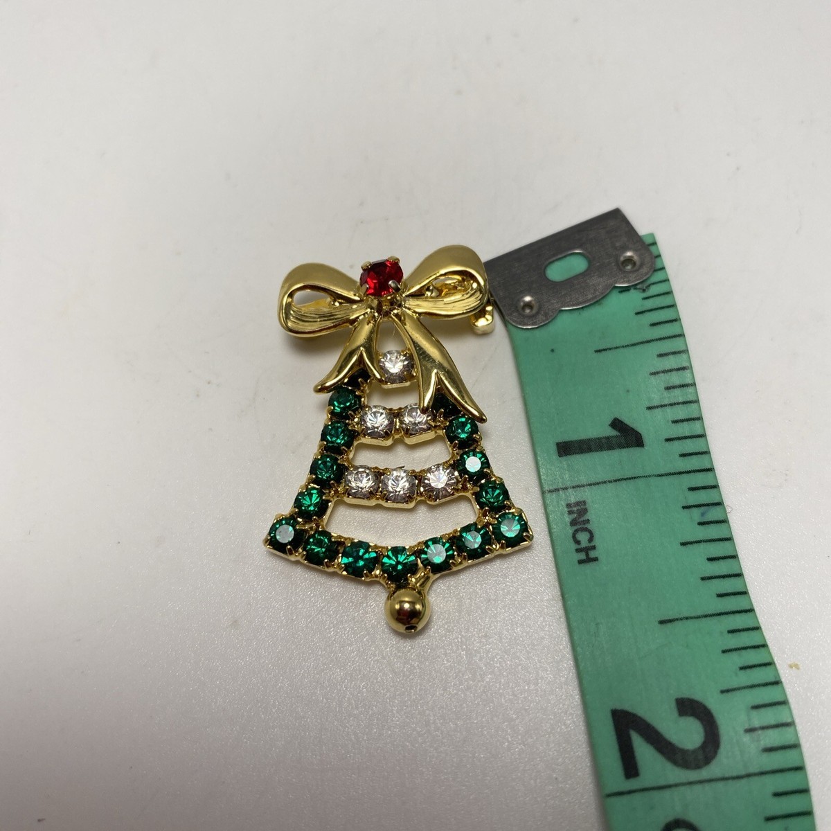 Christmas Bell Pin Gold Tone Red Green Holiday Festive Vintage
