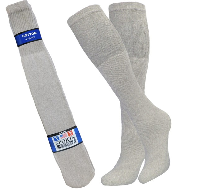 4 PK 25 INCH OLD SCHOOL TUBE SOCKS COTTON SOLID GRAY HI CALF LONG SOCKS