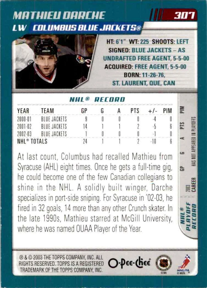 2003-04 O-Pee-Chee Mathieu Darche #307 - Image 2 of 2