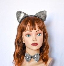 HALLOWEEN WOMEN'S SILVER SEQUIN LOOK COSTUME CAT EARS  BOW TIE