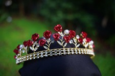 Red Rose Tiara Bridal Crown Birthday Wedding Gift Diadem Gold Diamond prom metal