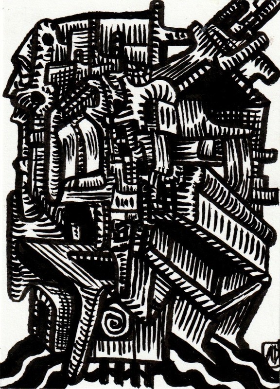 Original Artwork - ACEO - OOAK - Outsider Abstract Art Ink - Processing Plant #2