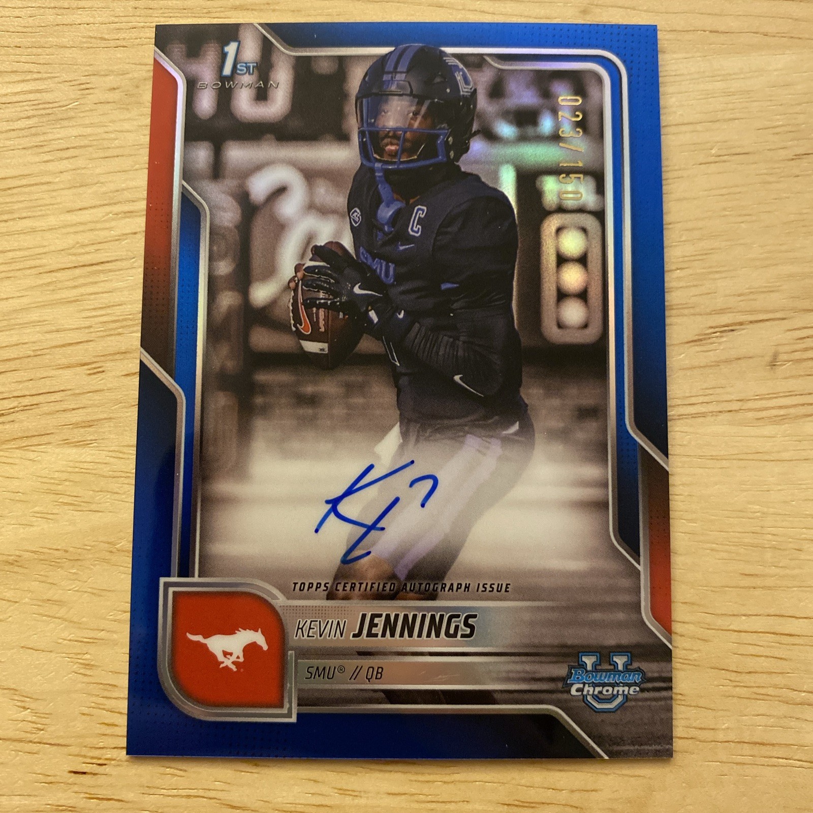 2025 Bowman Chrome U Kevin Jennings 1st Blue Refractor Auto #/150 - SMU Mustangs