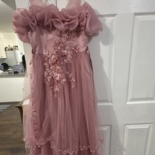 Pink Tulle Flower Girl Dress Size S Floral Applique Ruffle Off-Shoulder Sleeves