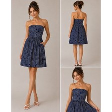 Gap Navy Blue White Polka Dot Strapless Cotton Linen Mini Dress Size 0 Pockets