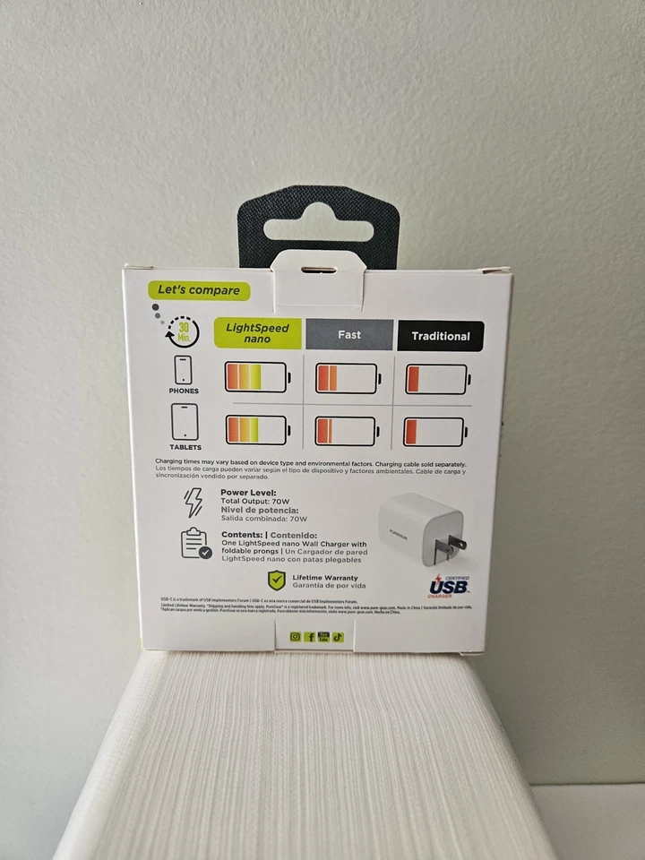 PureGear LightSpeed (70-Watt) USB-C Wall Charger (2 Port) Travel Adapter - White - Image 2 of 2