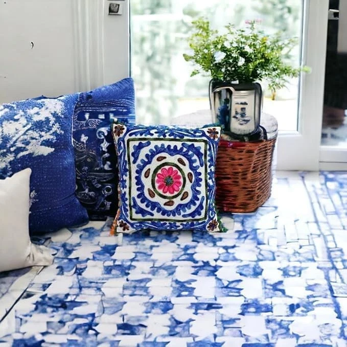 Indievibes Cotton Kantha Cushion Cover - Hand Stitched Embroidery (Blue, 16x16) - Image 2 of 4