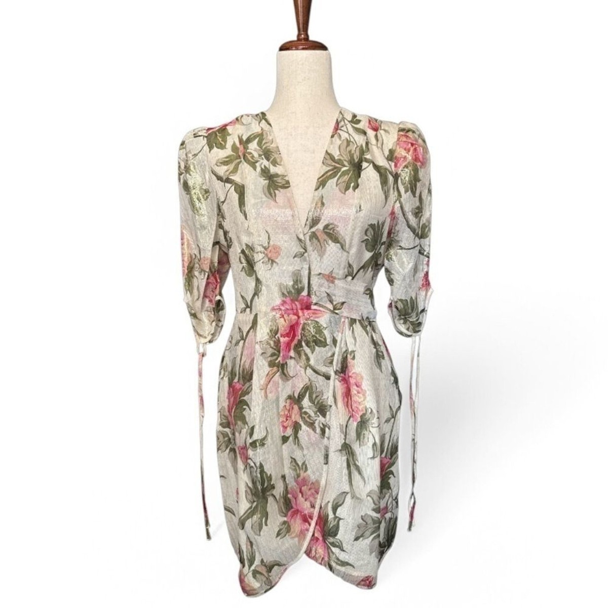 Alice McCall Salvatore Floral Metallic Mini Dress NWT Size 6 Gold Pink Wrap View 2