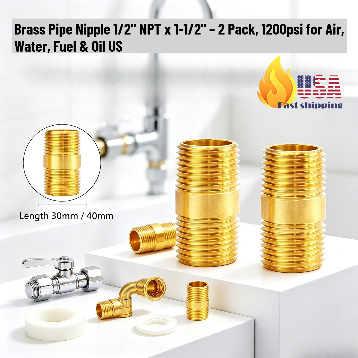 Brass Pipe Nipple 1/2" NPT x 1-1/2" – 2 Pack, 1200psi for Air, Water, Fuel & Oil