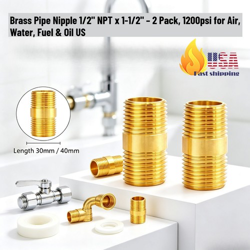 Brass Pipe Nipple 1/2" NPT x 1-1/2" โ 2 Pack, 1200psi for Air, Water, Fuel & Oil