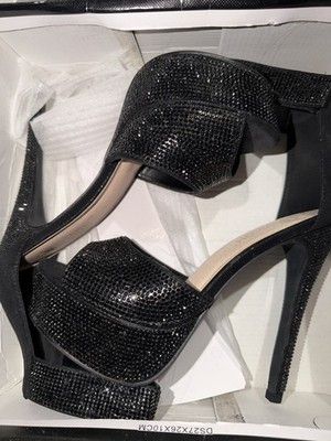 De Blossom Collection Black Suede Rhinestone Strappy Ankle Strap Sandals 7