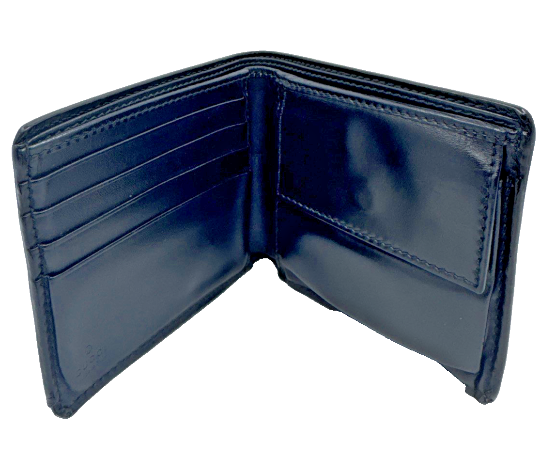 Gucci Guccissima Black Leather Bifold Wallet Men's Web Stripe GG