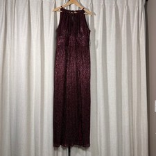 R&M Richards Merlot Metallic Plisse Halter Maxi Gown Dress 9283 Womens 12 NEW