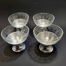 1940s Dessert Dishes Set of 4 by Hazel Atlas Etched Glass Detachable Metal Base 