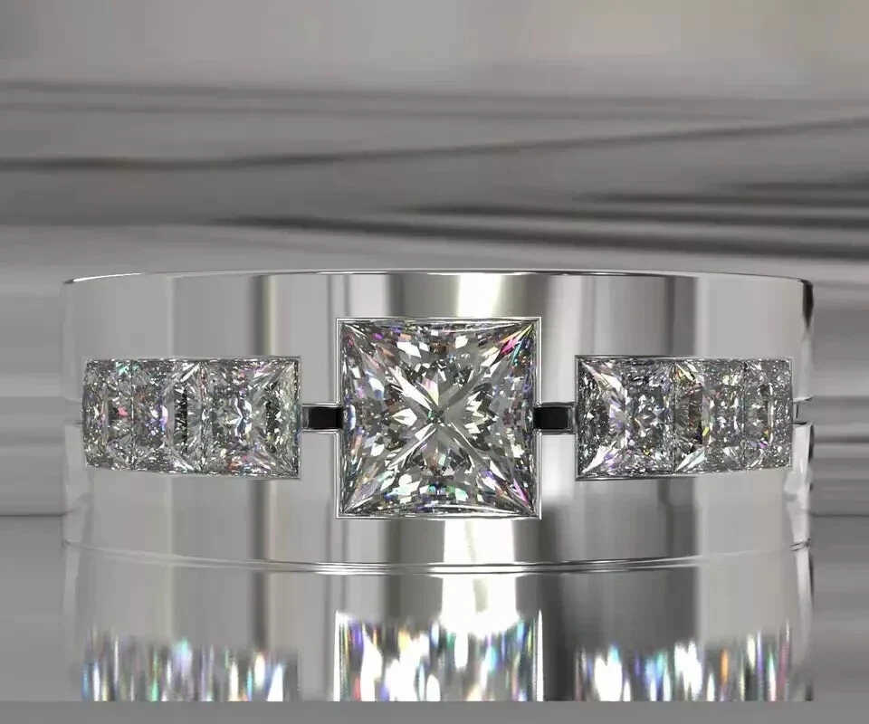 Anillo de compromiso de diamantes simulados de corte princesa de 2 quilates de oro blanco de 14 quilates para hombre Foto 2 de 4