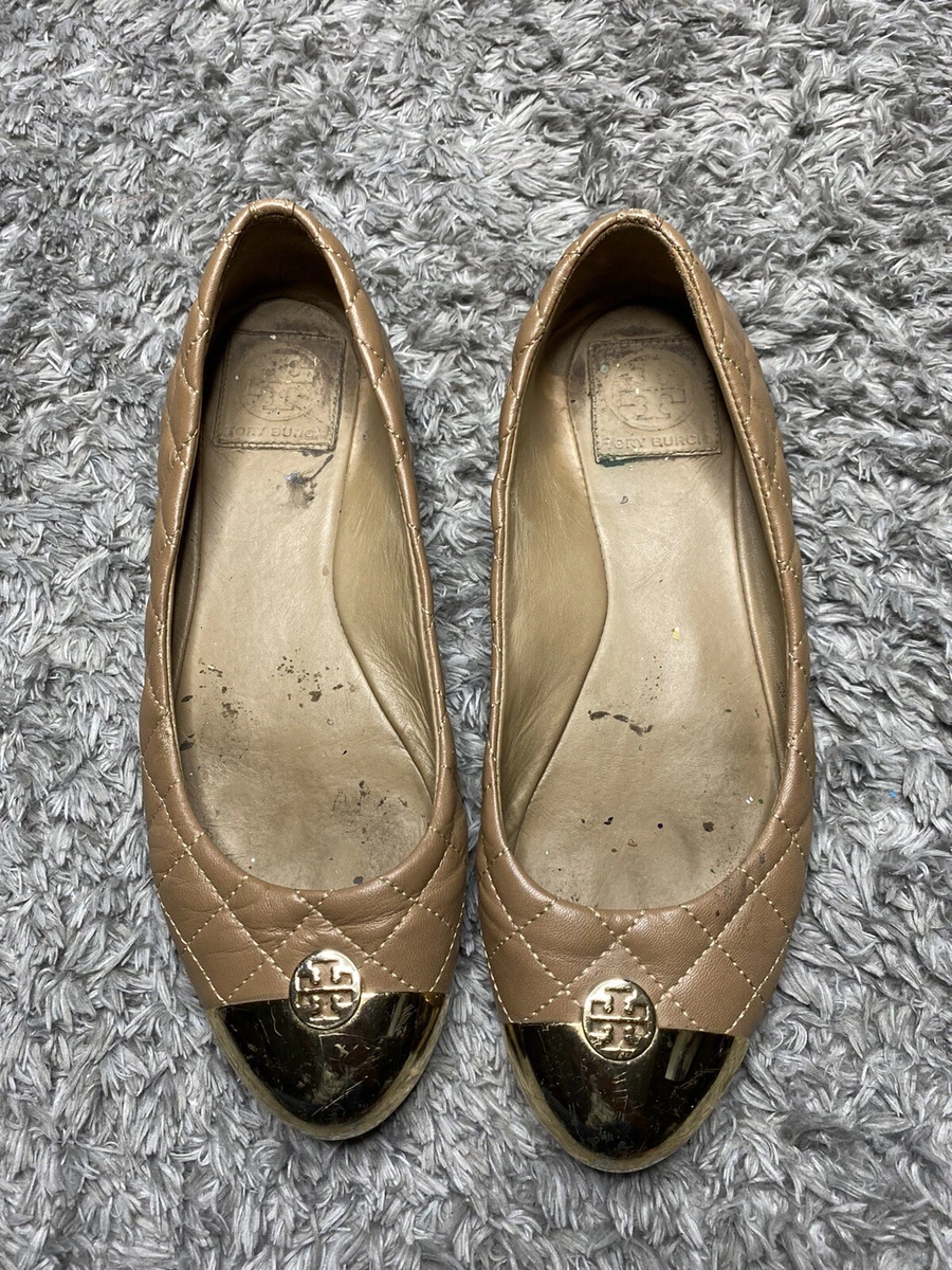 TORY BURCH Kaitlin Brown Quilted Ballet Flats Shoes Gold Cap Toe Size 7.5 eBay