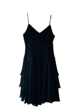 Vintage 70s Womens 10 Black Metallic Frilly Tiered Mini Slip Dress Whimsigoth