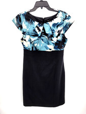 Ann Taylor Dress Womens 10 Abstract Print Blue Black Cap Sleeve Sheath Career