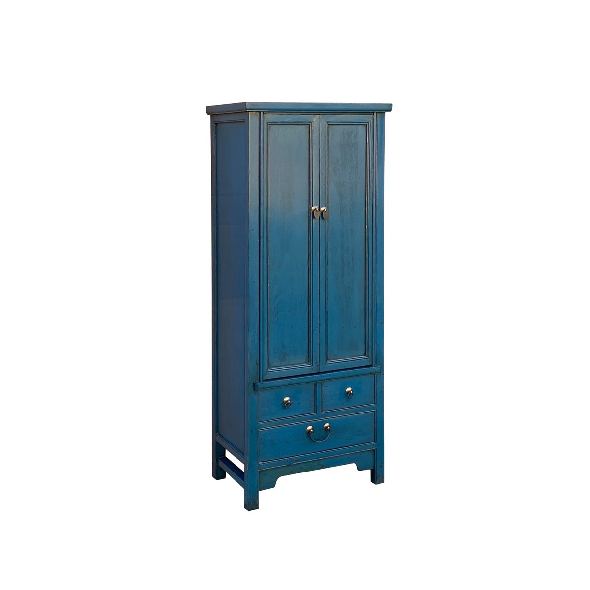 Oriental Dark Teal Blue Narrow Wood Detail Door Drawers Storage
