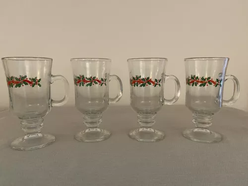Vtg Libbey Christmas Footed Holly Berry Coffee Eggnog Pedestal Glass Mugs Arby's