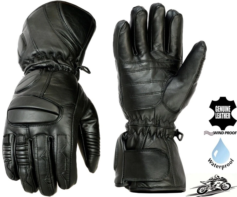 MENS WATERPROOF THERMAL LONG PADDED MOTORBIKE / MOTORCYCLE WINTER LEATHER GLOVES