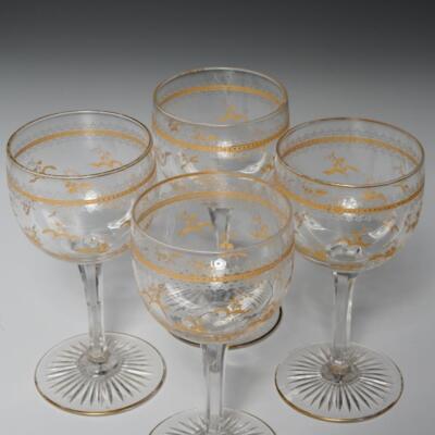 French Etched Clear Glass Gold Inlay Crystal Cut Wine Glasses 5" 4pc Antique  A | eBay