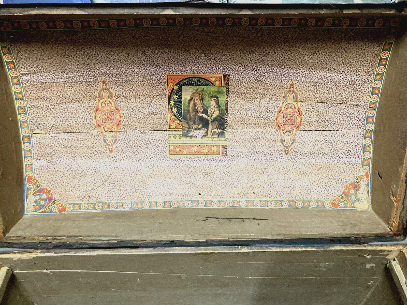 Trunk  Antique Vintage Dome Topped with Tray and beautiful picture under the lid
