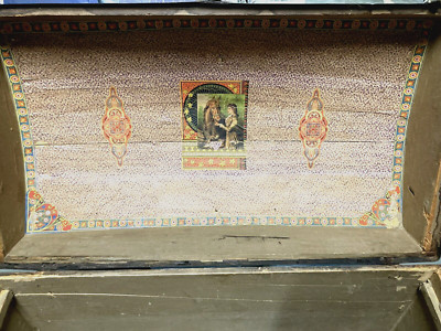Trunk  Antique Vintage Dome Topped with Tray and beautiful picture under the lid