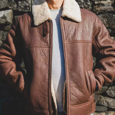 Mens Aviator Leather Jacket Cognac B3 Real Shearling Sheepskin Bomber Fur Coat