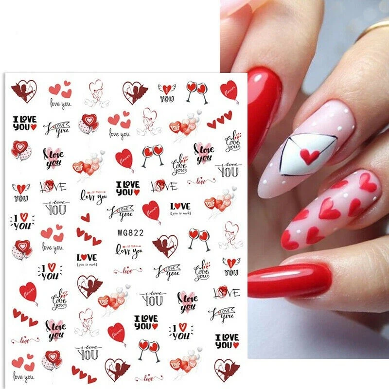 Nail Art Stickers Decals Transfers Valentines Day Red Love Hearts