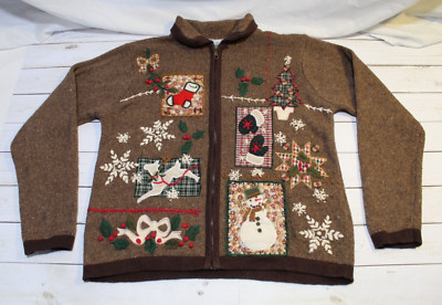 B.P.Design Vtg Wool Blend Women's M Brown Full-Zip Christmas Sweater Embroidered