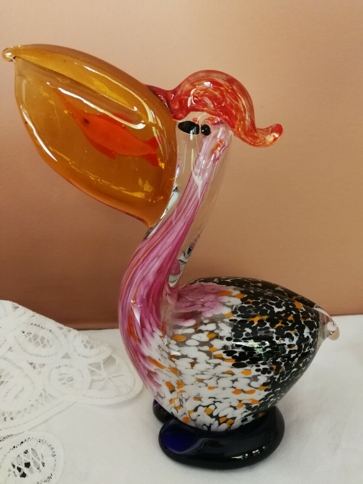 Vtg Murano Style Hand Blown Art Glass Pelican Fish in Mouth Pink Orange Black 7"