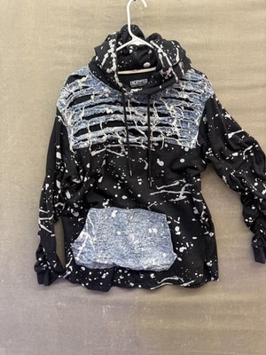 Encrypted Hoodie Mens XL Distressed Bleach Splatter Ripped Denim Pullover Pre-Ow