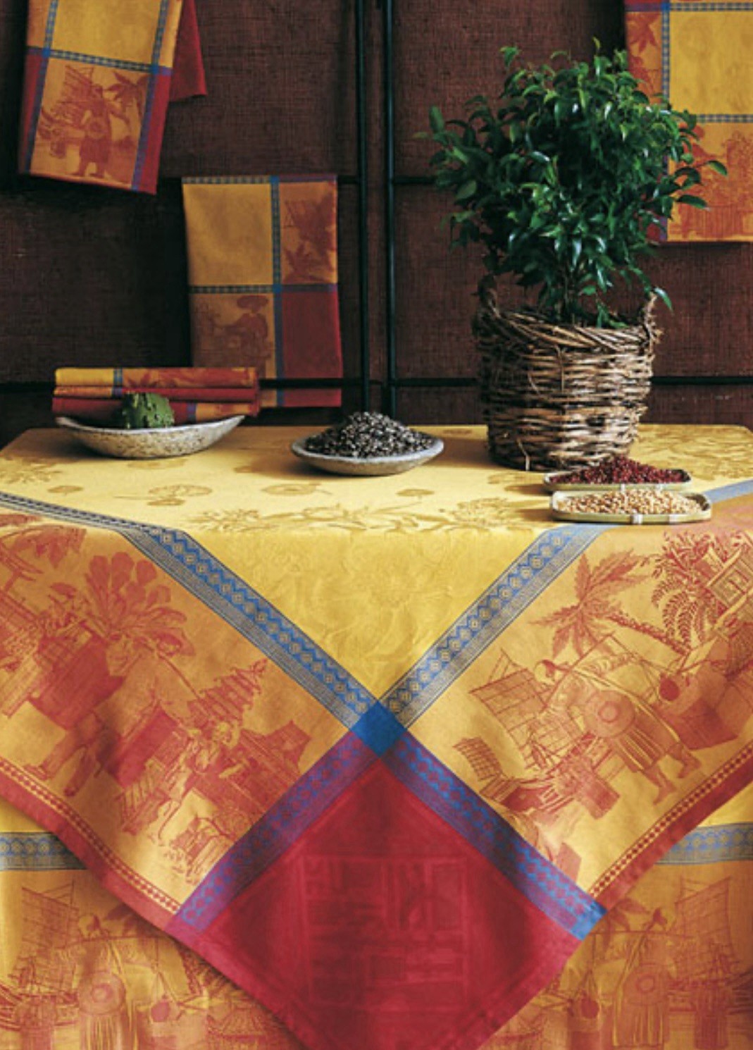 Primrose Bordier Chinese Market Saffron Le Jacquard Francais Tablecloth 69” x 98